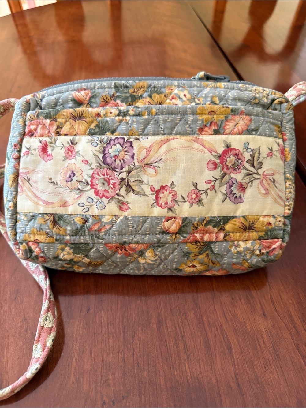 Quilted Floral Crossbody Bag in Blue and Cream